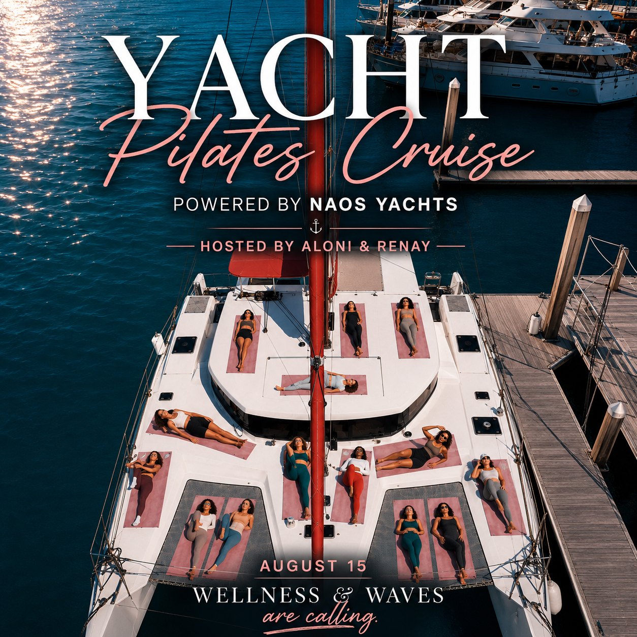 Yacht Pilates Cruise flyer for August 15, powered by Naos Yachts